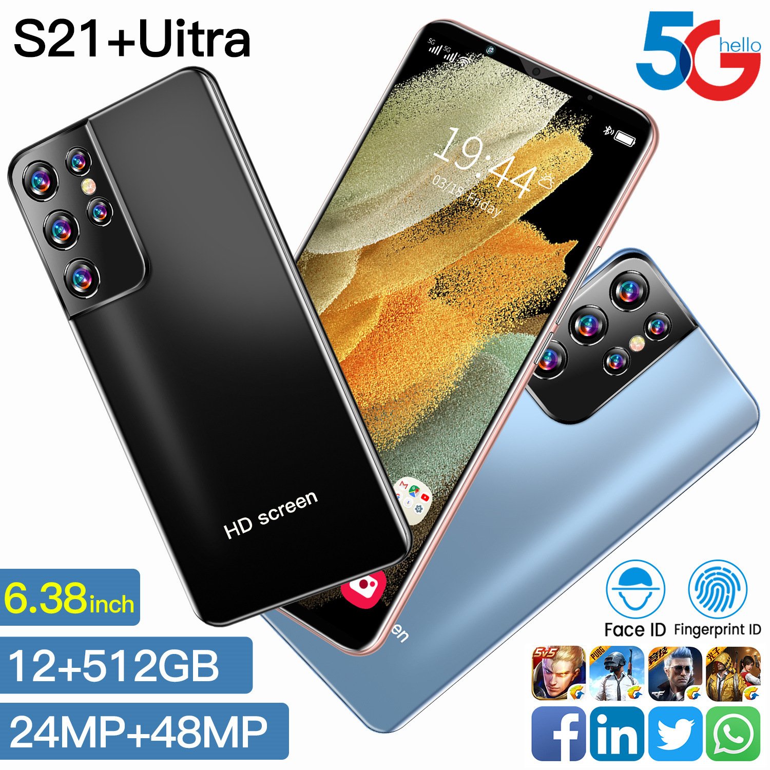 3G 4G 5G Hot Sale High Quality S21 Ultra HD Screen 6GB+1285GB Cellphone Android10 Mobile Phones